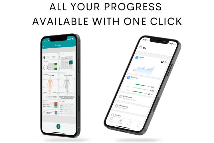 best fitness scale with app - 2 iphone's displaying the inexa app's tracking function with health  reports